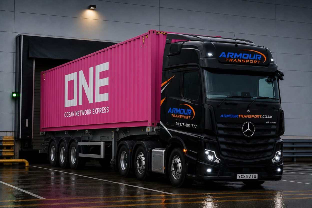 Armour Transport black Mercedes-Benz Actros tractor unit coupled to a pink ONE (Ocean Network Express) shipping container at a loading dock