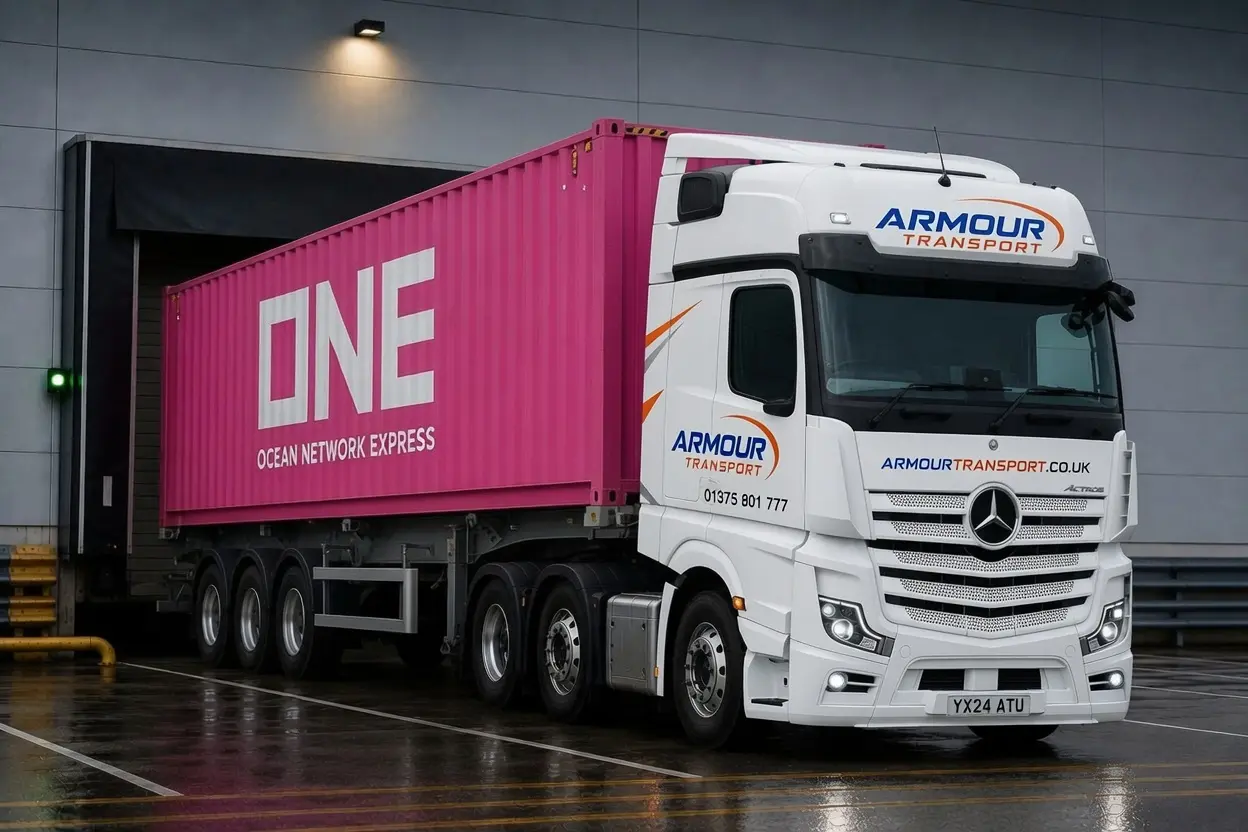 Armour Transport white Mercedes-Benz Actros tractor unit coupled to a pink ONE (Ocean Network Express) shipping container at a port loading dock