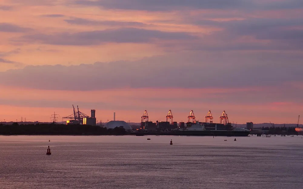 Container terminal at the Port of Southampton at sunset